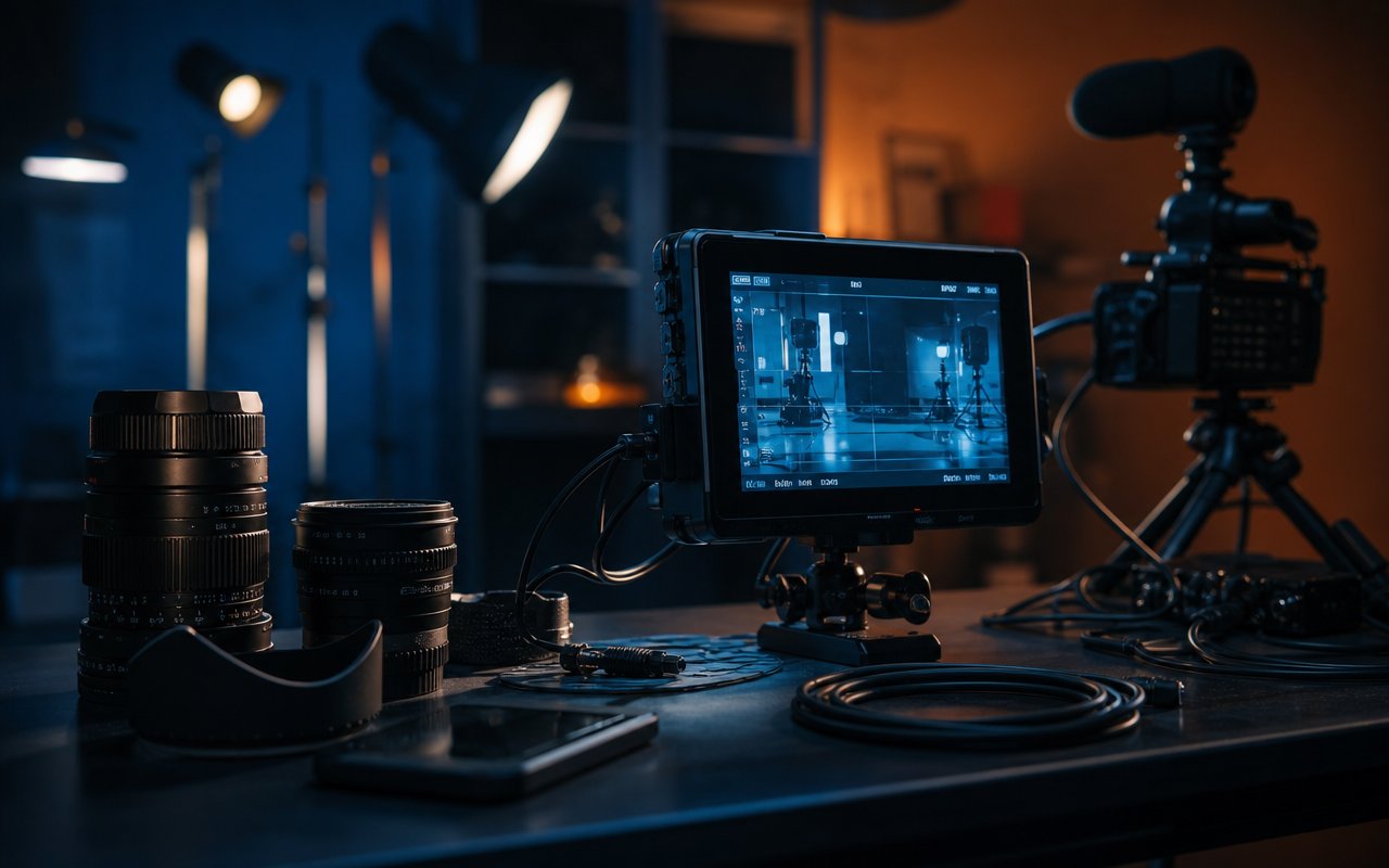 Dark cinematic studio with professional media production lighting